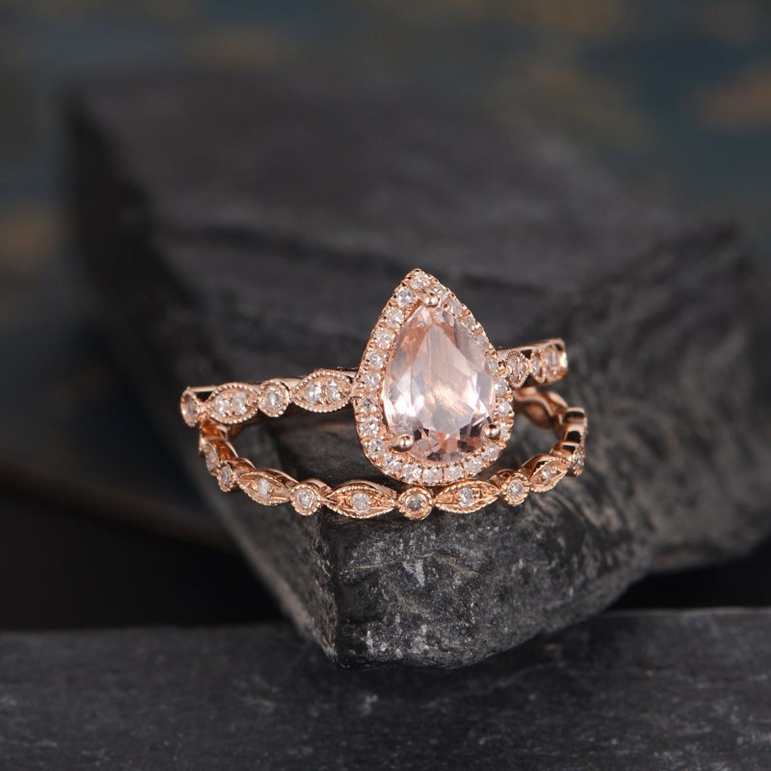 The Juliet Set — Pear Morganite Art Deco Bridal Ring Set