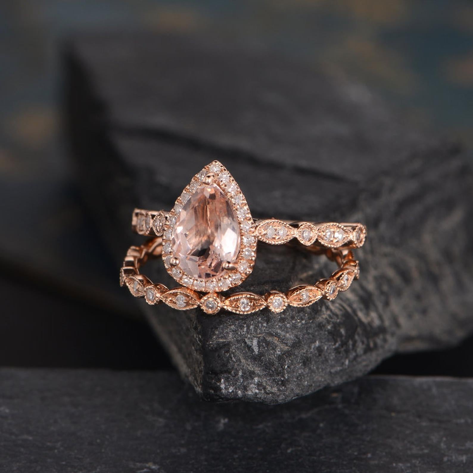 The Juliet Set — Pear Morganite Art Deco Bridal Ring Set