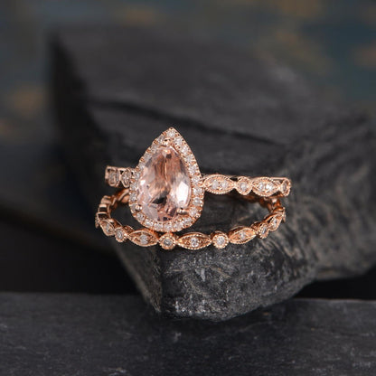 The Juliet Set — Pear Morganite Art Deco Bridal Ring Set