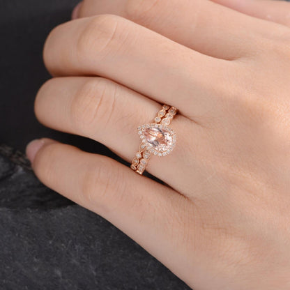 The Juliet Set — Pear Morganite Art Deco Bridal Ring Set