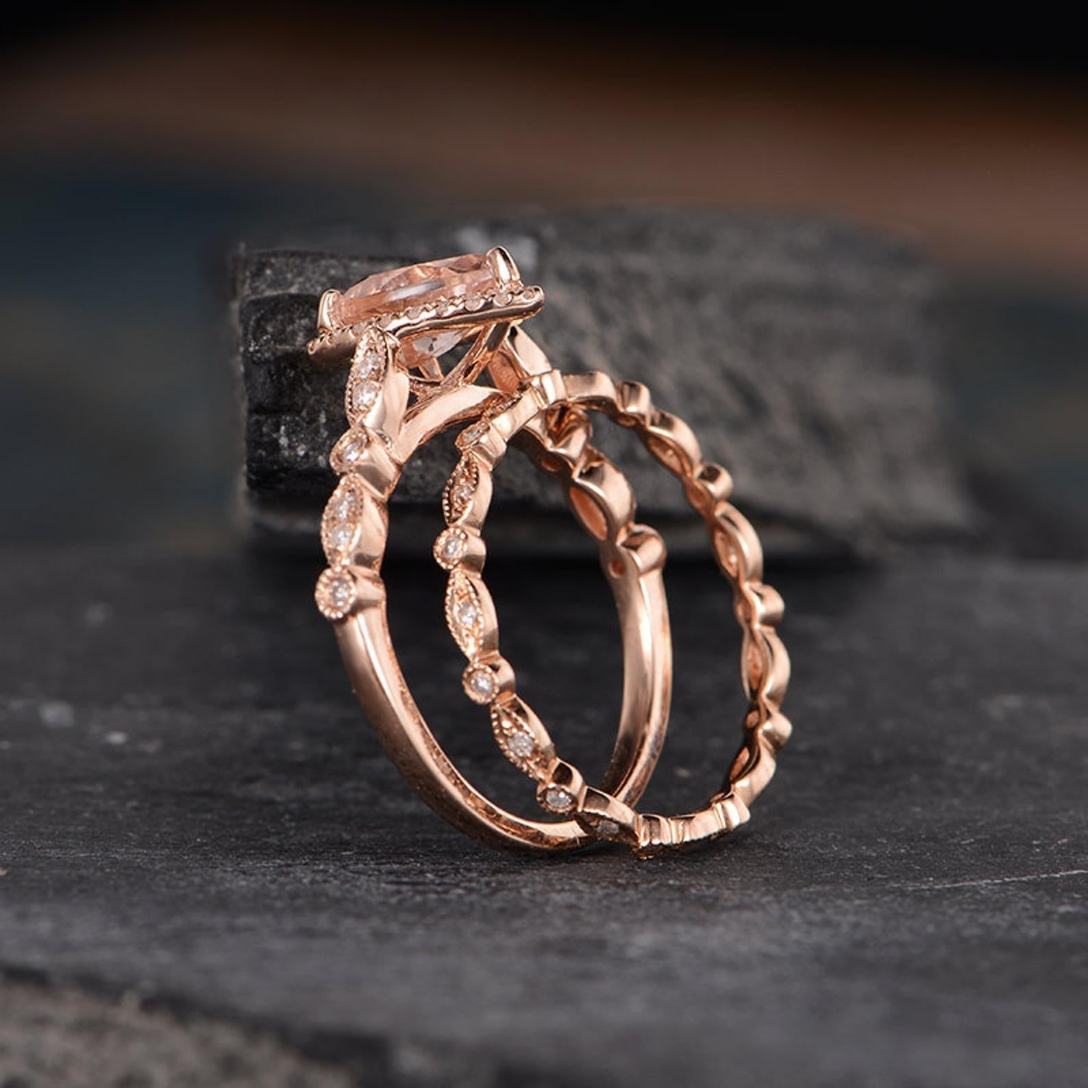 The Juliet Set — Pear Morganite Art Deco Bridal Ring Set
