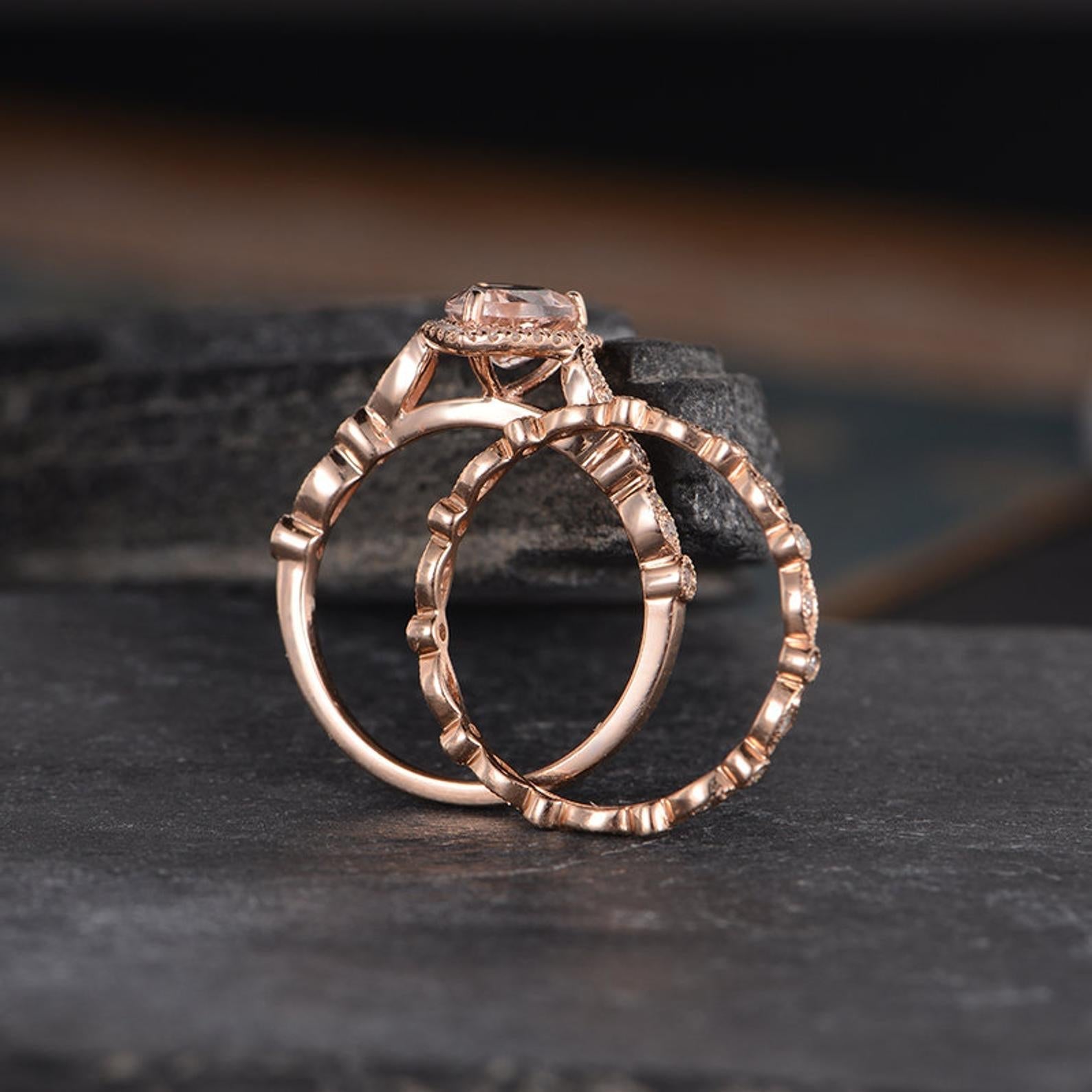 The Juliet Set — Pear Morganite Art Deco Bridal Ring Set