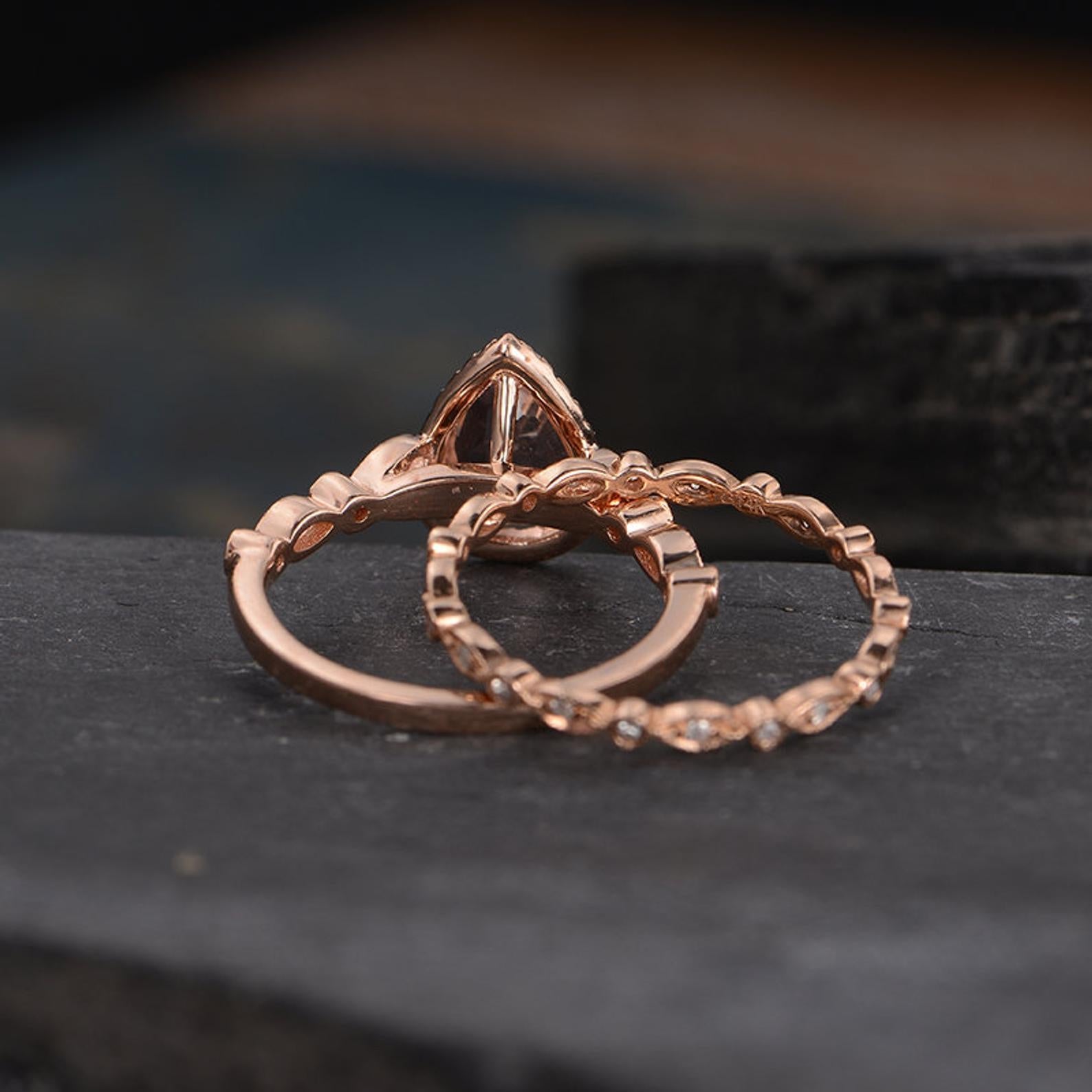 The Juliet Set — Pear Morganite Art Deco Bridal Ring Set