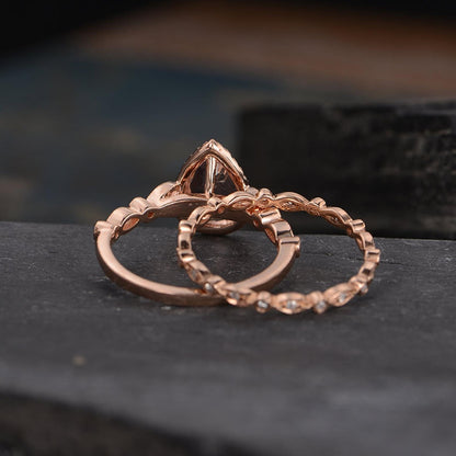 The Juliet Set — Pear Morganite Art Deco Bridal Ring Set