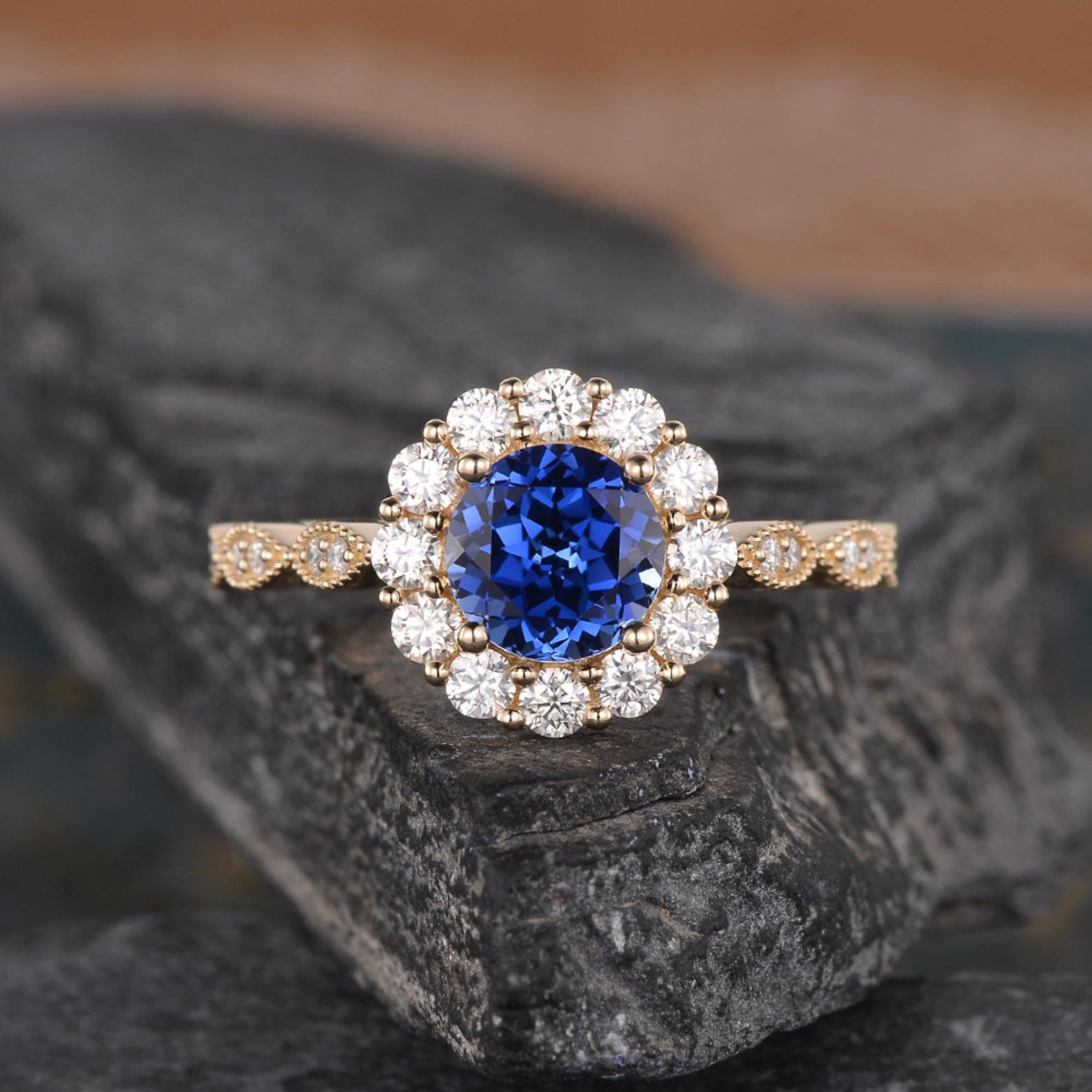 The Aria — Round Lab Blue Sapphire Vintage Halo Ring II