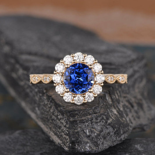 The Aria — Round Lab Blue Sapphire Vintage Halo Ring II