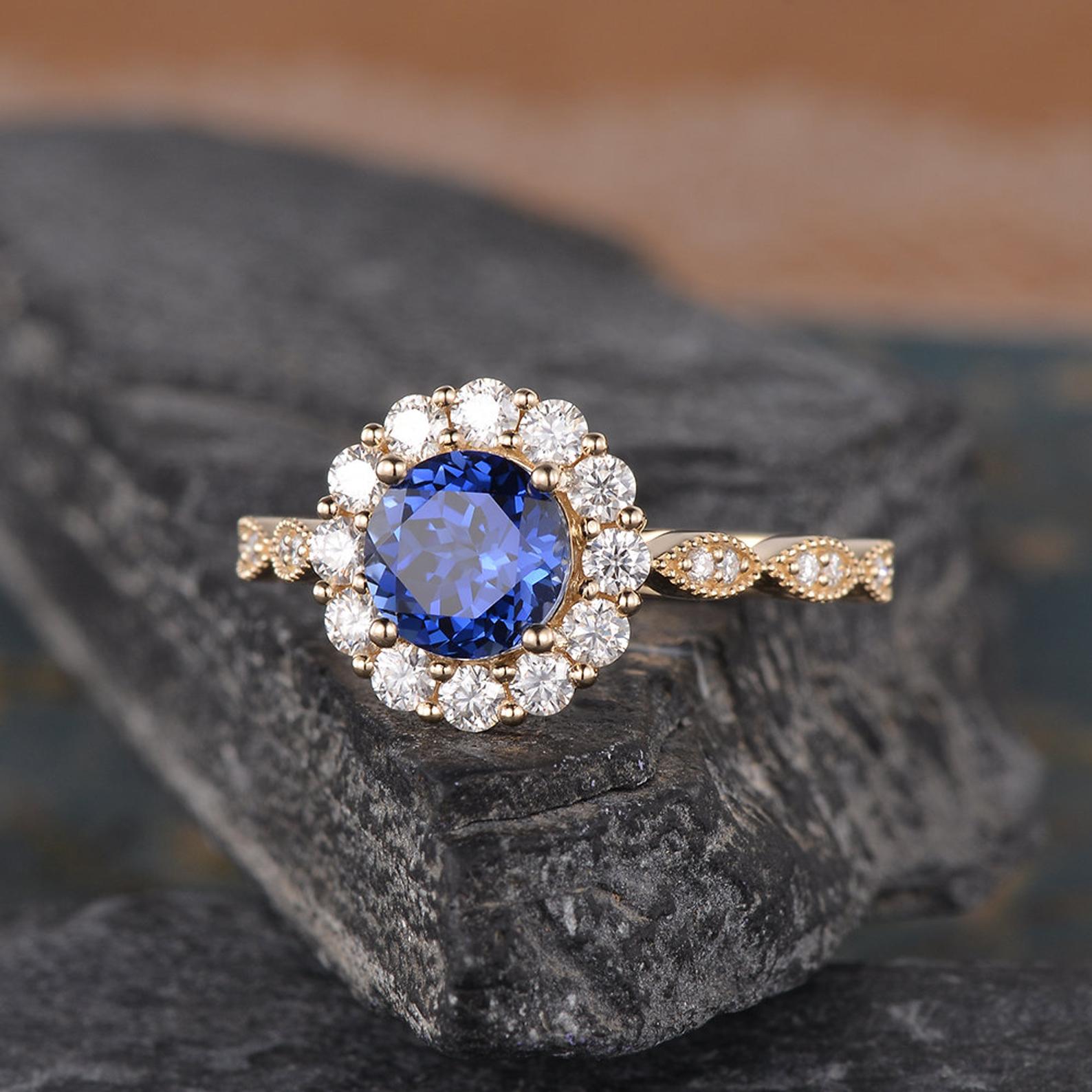The Aria — Round Lab Blue Sapphire Vintage Halo Ring II