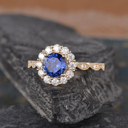 The Aria — Round Lab Blue Sapphire Vintage Halo Ring II
