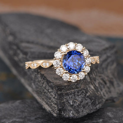 The Aria — Round Lab Blue Sapphire Vintage Halo Ring II