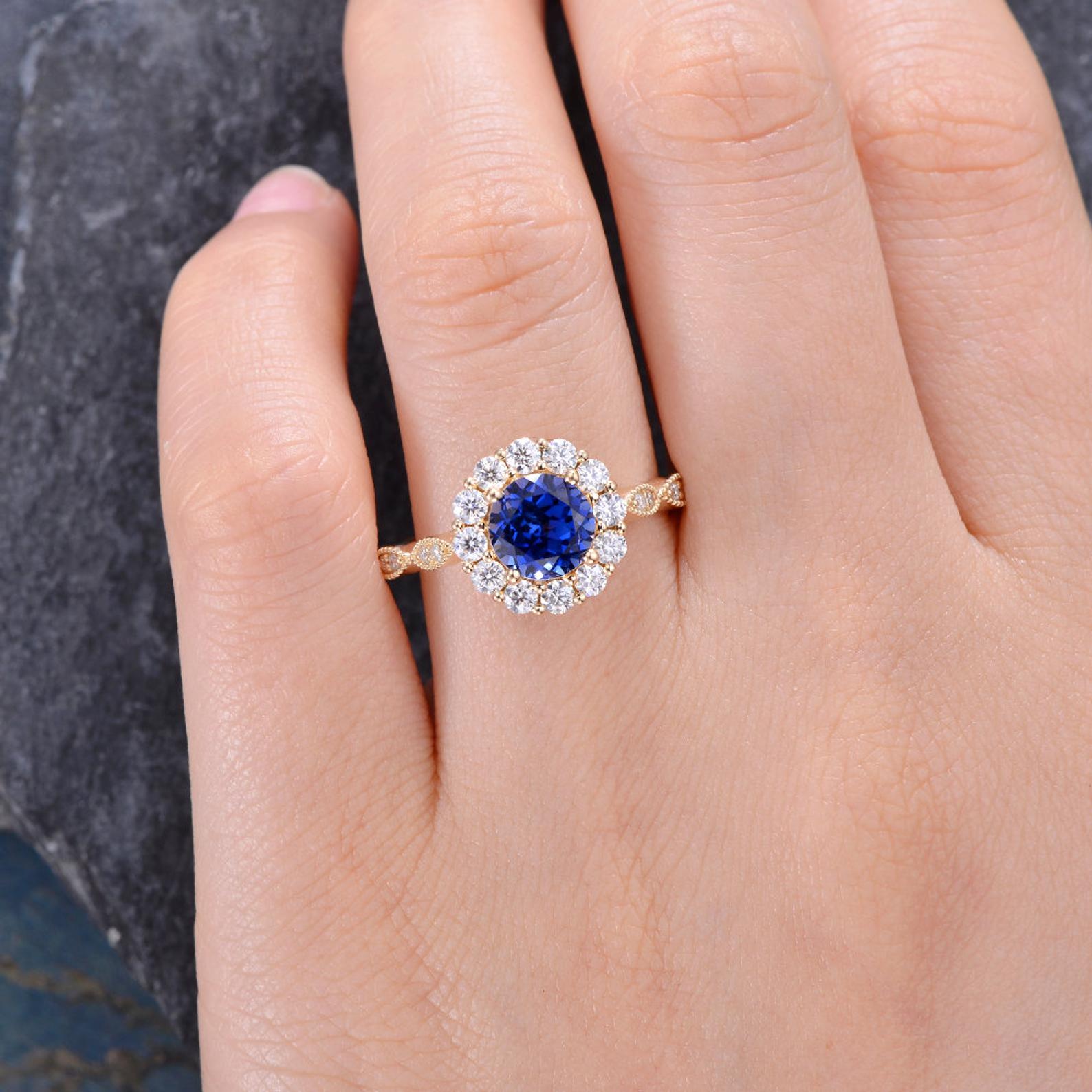 The Aria — Round Lab Blue Sapphire Vintage Halo Ring II