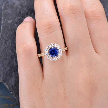 The Aria — Round Lab Blue Sapphire Vintage Halo Ring II
