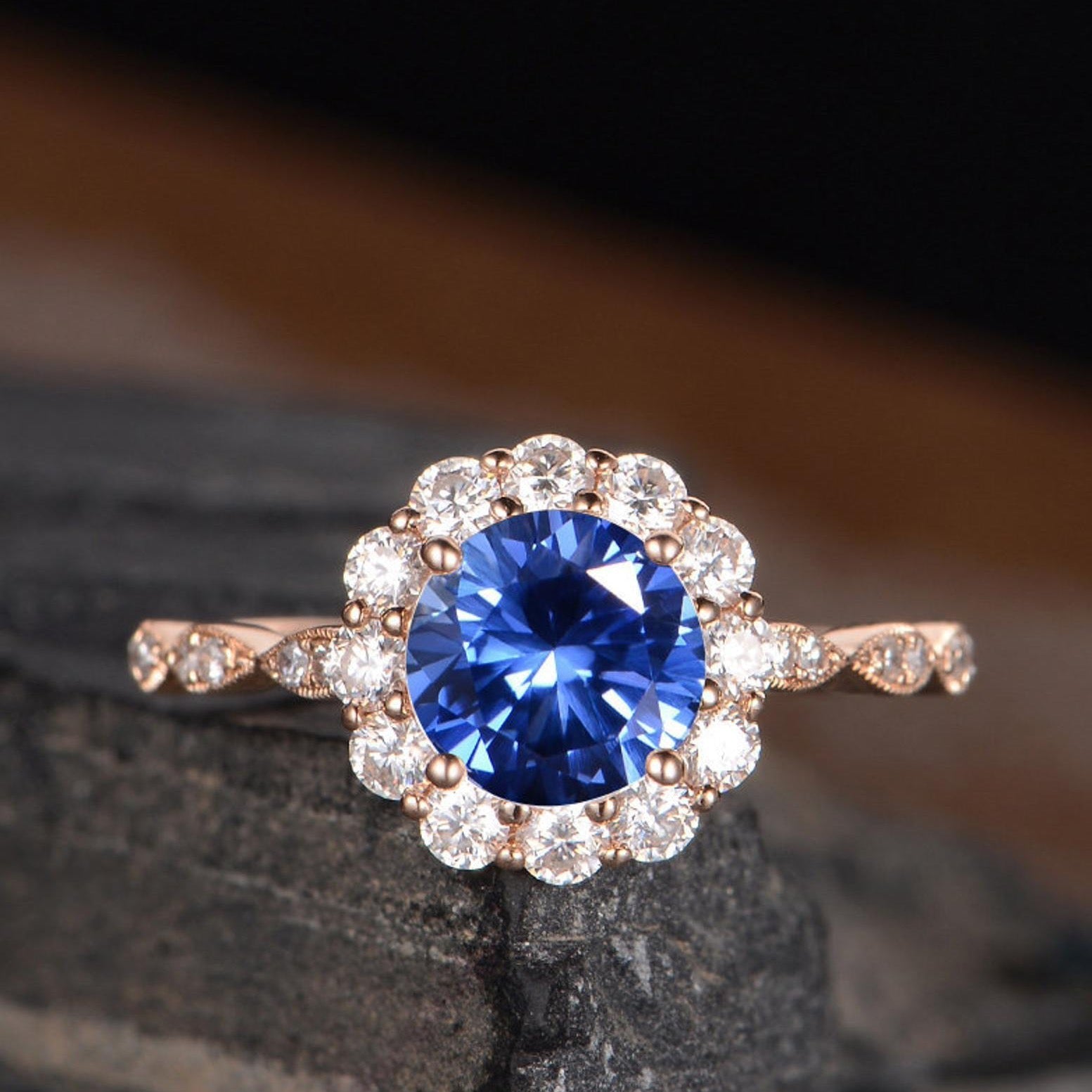 The Aria — Round Lab Blue Sapphire Vintage Halo Ring II