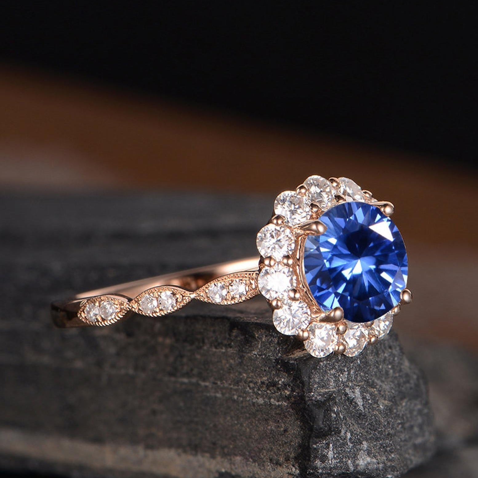 The Aria — Round Lab Blue Sapphire Vintage Halo Ring II