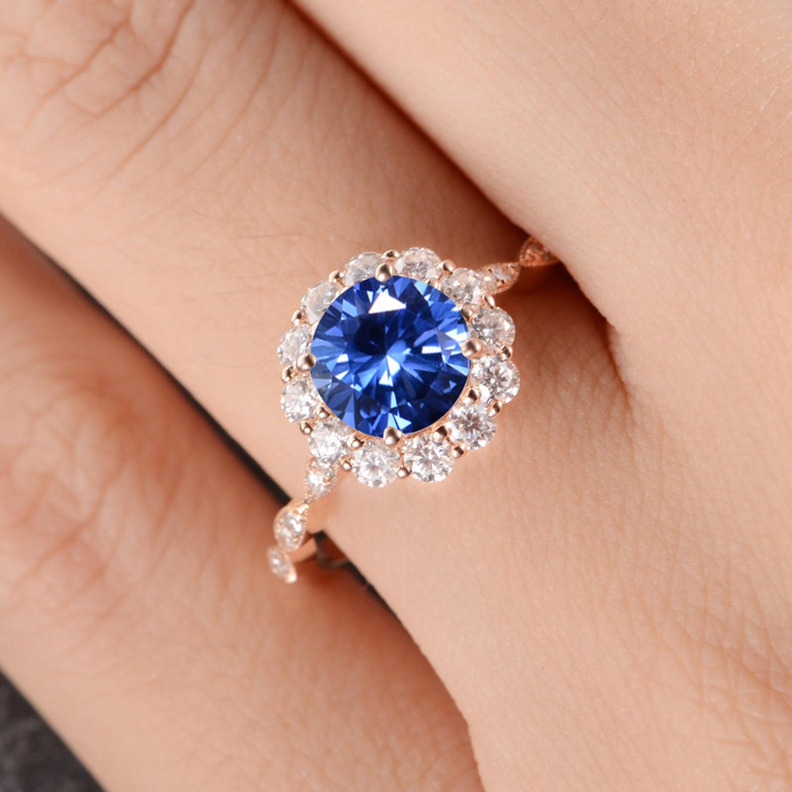 The Aria — Round Lab Blue Sapphire Vintage Halo Ring II