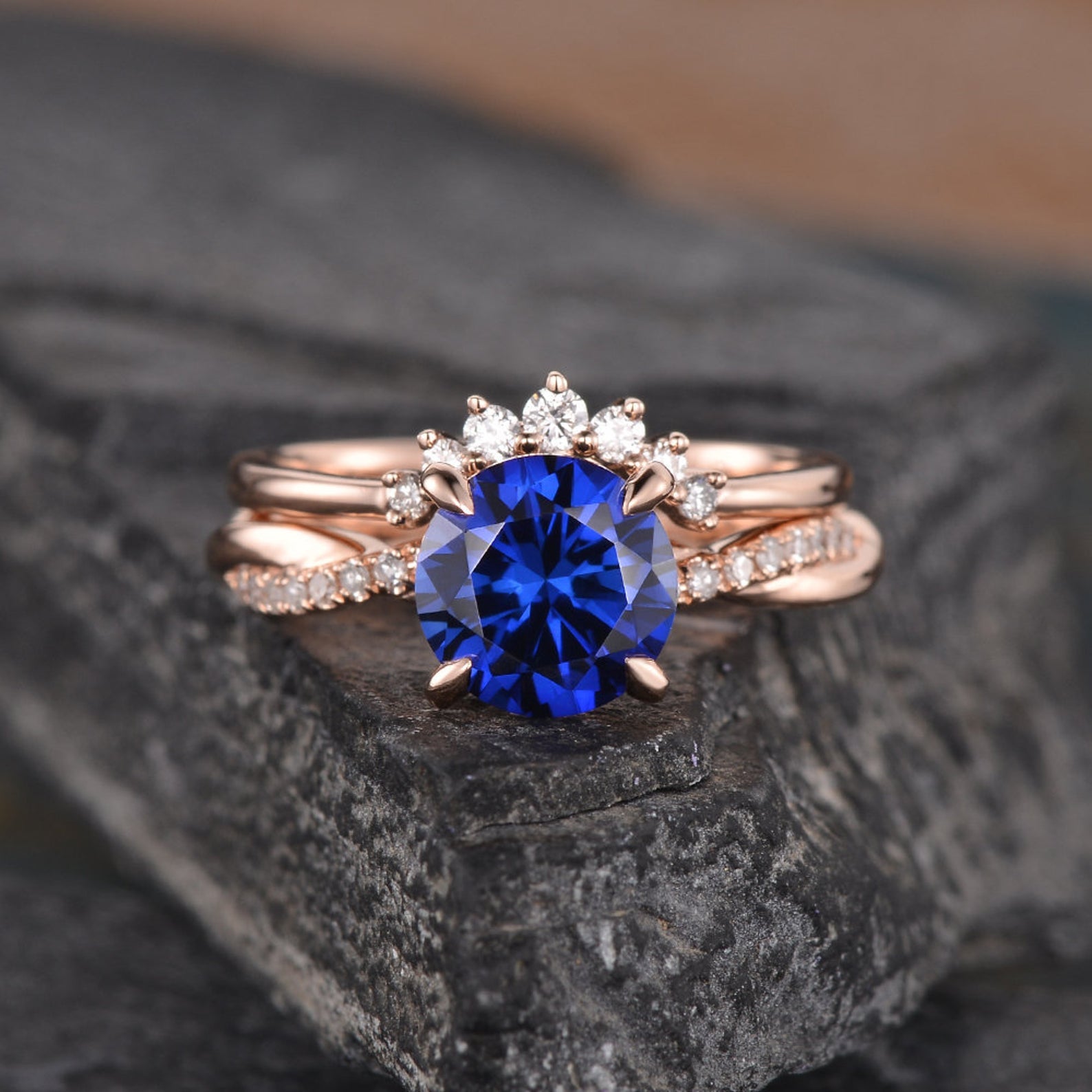 The Aria Set — Round Lab Blue Sapphire Vintage Bridal Ring Set