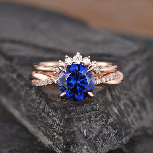 The Aria Set — Round Lab Blue Sapphire Vintage Bridal Ring Set