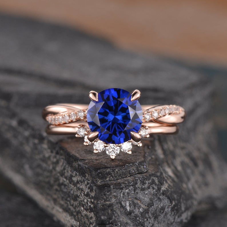 The Aria Set — Round Lab Blue Sapphire Vintage Bridal Ring Set