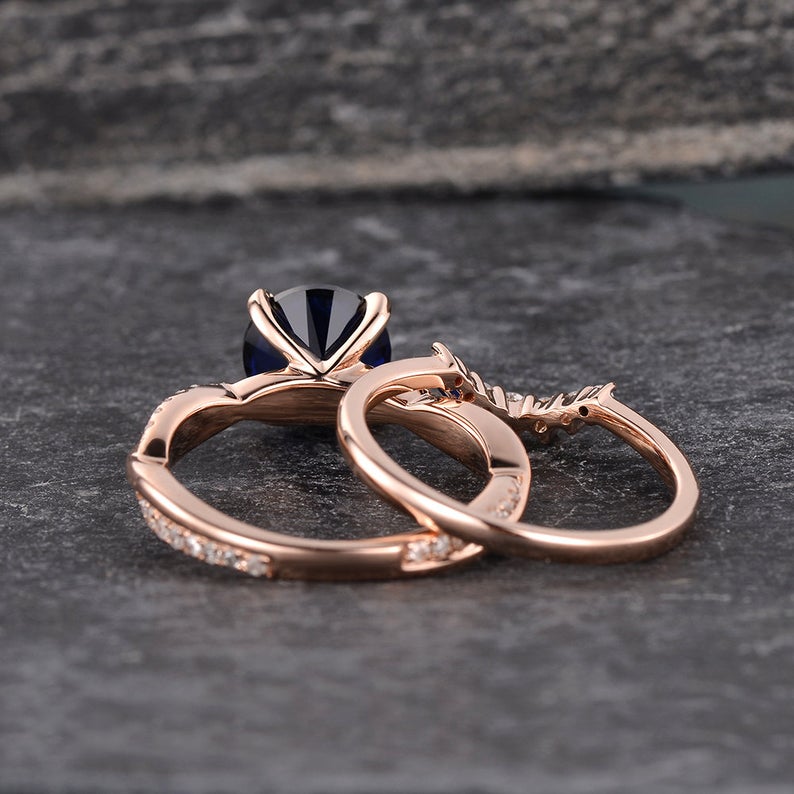 The Aria Set — Round Lab Blue Sapphire Vintage Bridal Ring Set