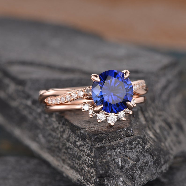 The Aria Set — Round Lab Blue Sapphire Vintage Bridal Ring Set