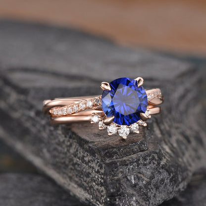 The Aria Set — Round Lab Blue Sapphire Vintage Bridal Ring Set