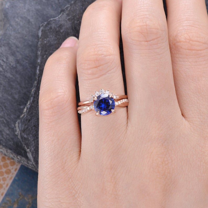 The Aria Set — Round Lab Blue Sapphire Vintage Bridal Ring Set