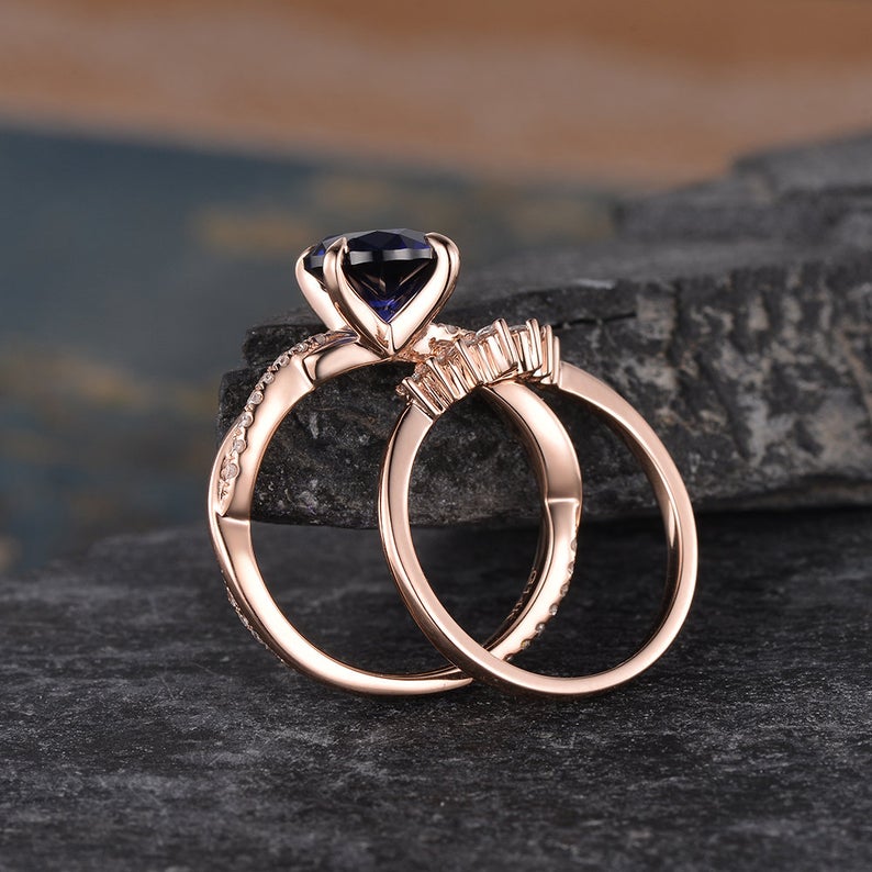 The Aria Set — Round Lab Blue Sapphire Vintage Bridal Ring Set