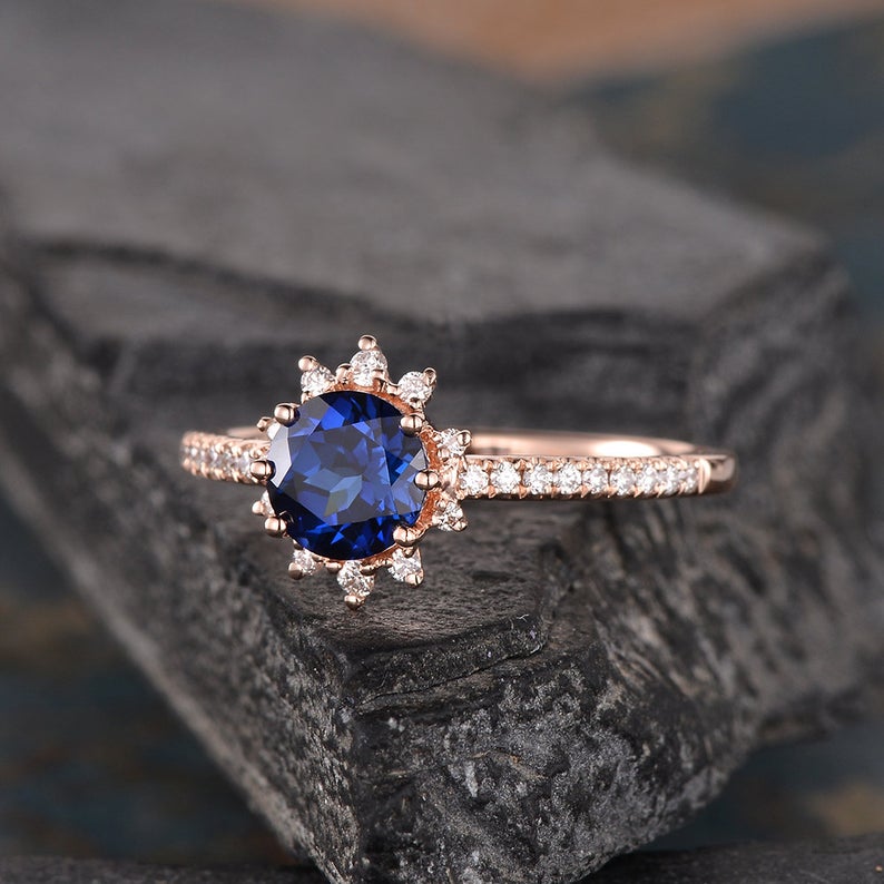 The Aria — Round Lab Blue Sapphire Vintage Halo Ring