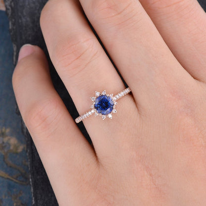 The Aria — Round Lab Blue Sapphire Vintage Halo Ring