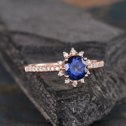 The Aria — Round Lab Blue Sapphire Vintage Halo Ring