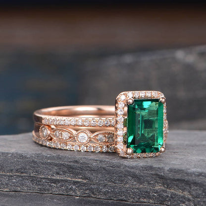 The Grace Set — Emerald Lab Emerald Vintage Bridal Ring Set II