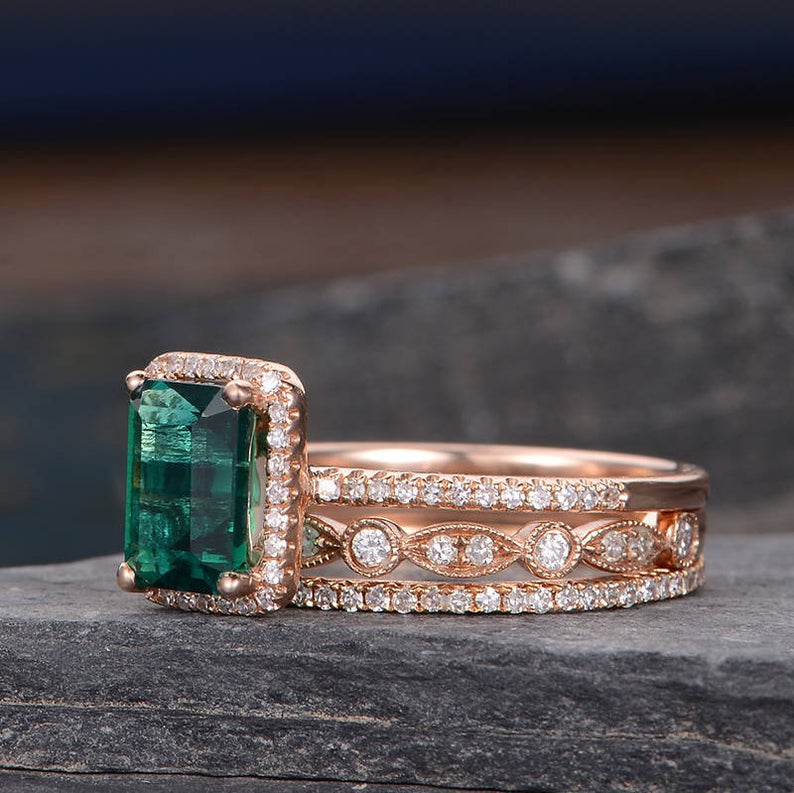 The Grace Set — Emerald Lab Emerald Vintage Bridal Ring Set II