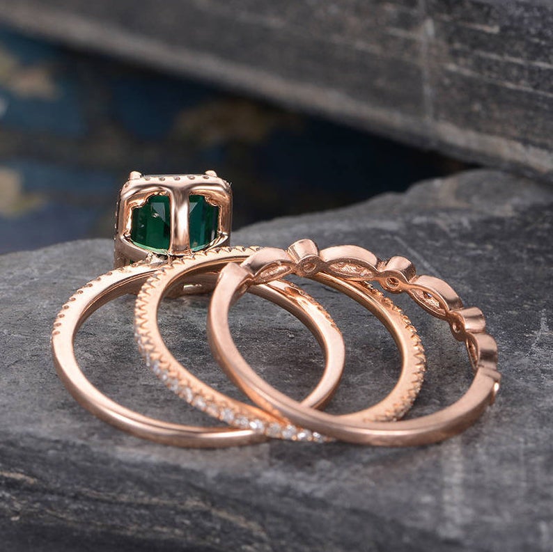 The Grace Set — Emerald Lab Emerald Vintage Bridal Ring Set II