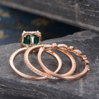 The Grace Set — Emerald Lab Emerald Vintage Bridal Ring Set II