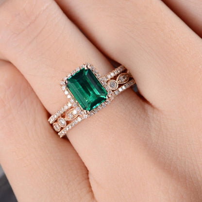 The Grace Set — Emerald Lab Emerald Vintage Bridal Ring Set II