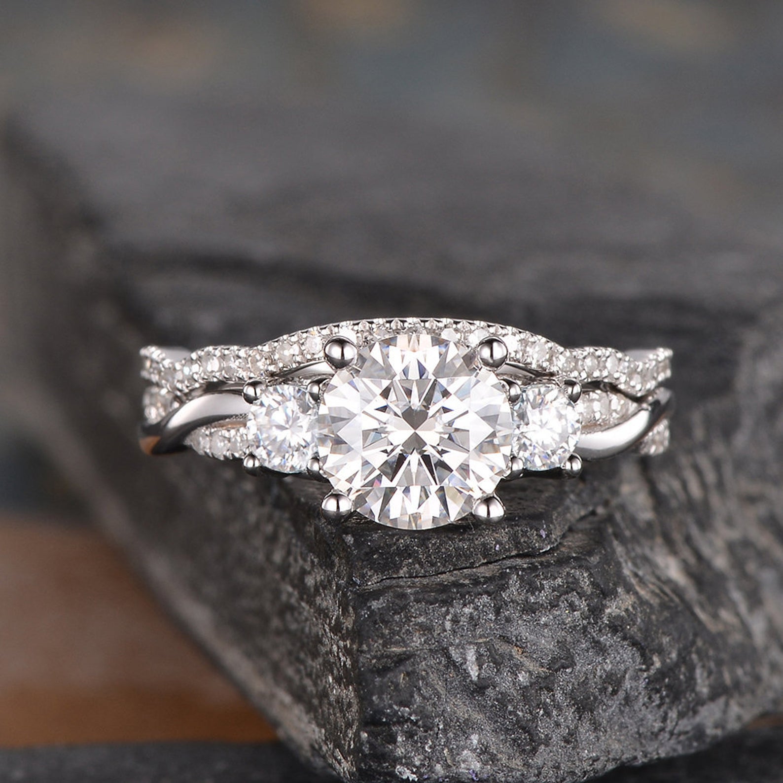 The Violet Set — Round Lab Diamond 3-Stone Bridal Ring Set