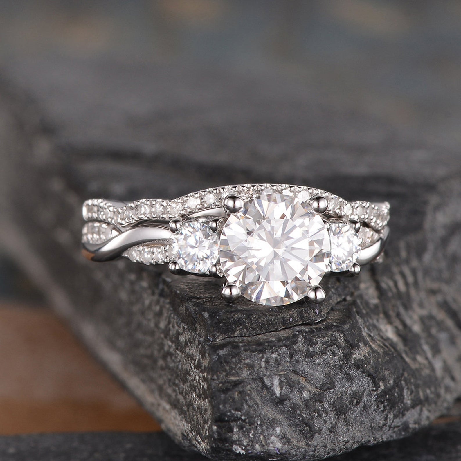The Violet Set — Round Lab Diamond 3-Stone Bridal Ring Set